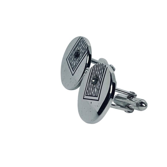 Vintage Swank Round Etched Silver Tone And Rhinestone Cufflinks (994) - Picture 2 of 5